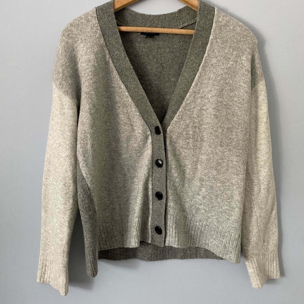 Talbots Gray Colorblock V-Neck Cardigan Sweater, Size Small